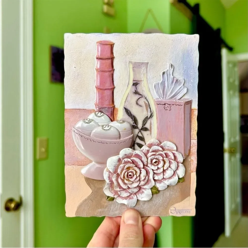 VTG Colorful Floral Vase 3D Tile Textured Art Plaque Wall Home Decor Plaque